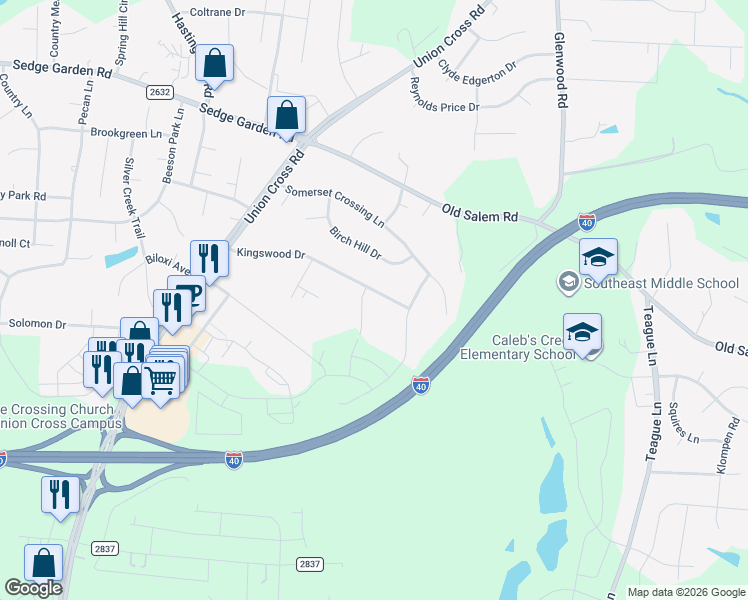 map of restaurants, bars, coffee shops, grocery stores, and more near 1136 Kingswood Drive in Kernersville