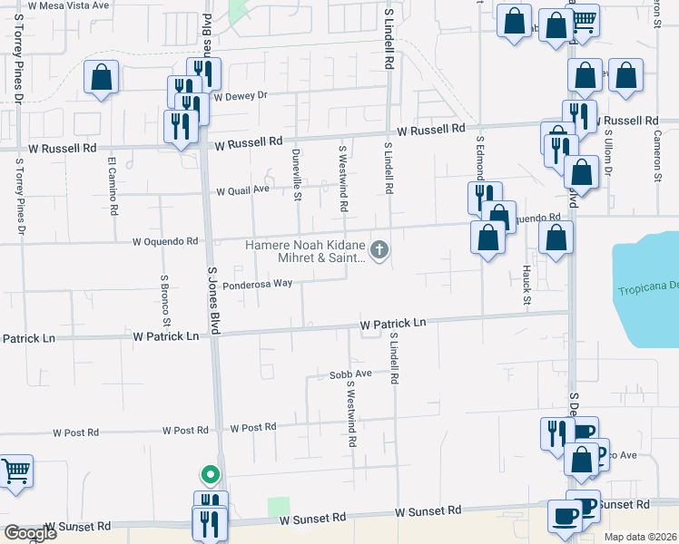map of restaurants, bars, coffee shops, grocery stores, and more near 5830 Ponderosa Way in Las Vegas