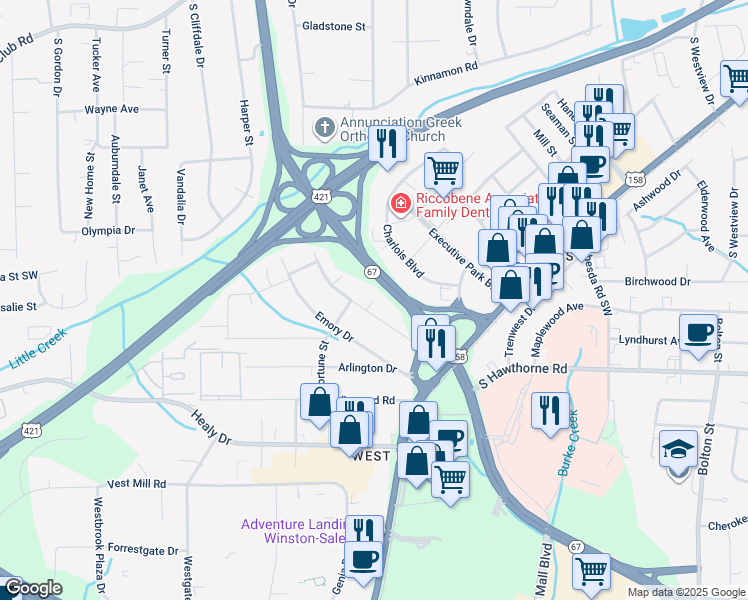 map of restaurants, bars, coffee shops, grocery stores, and more near 2094 South Hawthorne Road in Winston-Salem