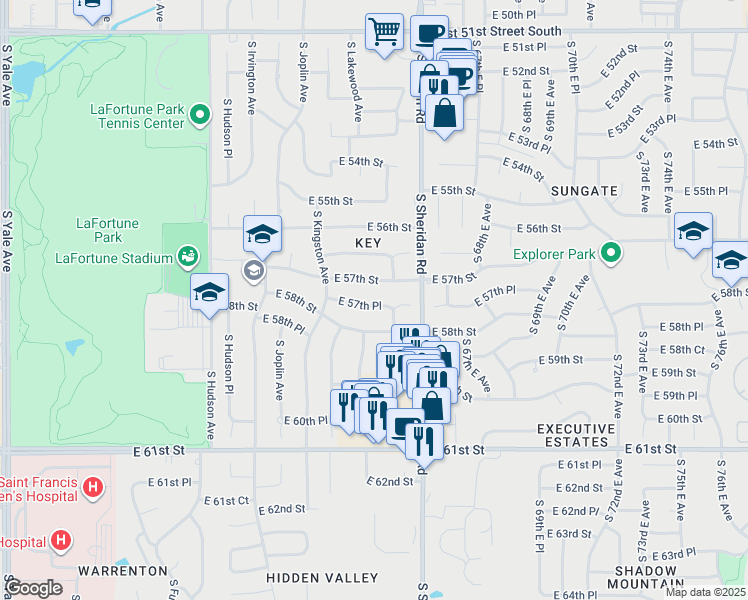 map of restaurants, bars, coffee shops, grocery stores, and more near 6038 East 57th Street in Tulsa