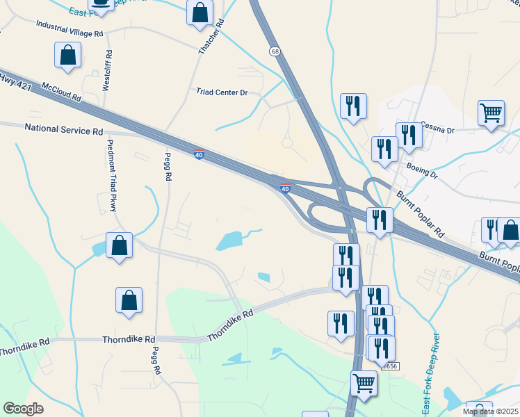 map of restaurants, bars, coffee shops, grocery stores, and more near 7825 National Service Road in Greensboro