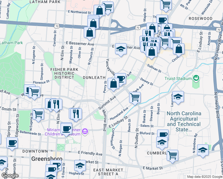 map of restaurants, bars, coffee shops, grocery stores, and more near 600 5th Avenue in Greensboro
