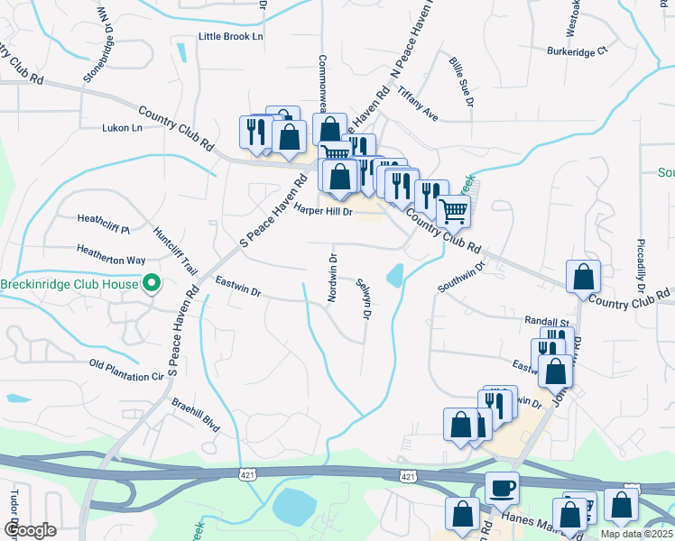 map of restaurants, bars, coffee shops, grocery stores, and more near 211 Nordwin Drive in Winston-Salem