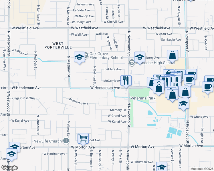 map of restaurants, bars, coffee shops, grocery stores, and more near 1731 McComb Avenue in Porterville