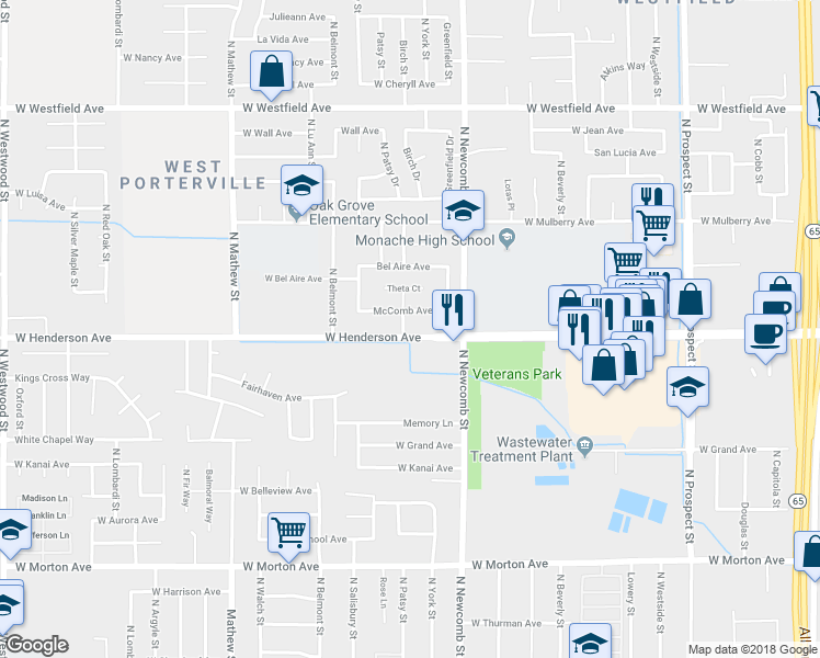 map of restaurants, bars, coffee shops, grocery stores, and more near 1680 West Henderson Avenue in Porterville