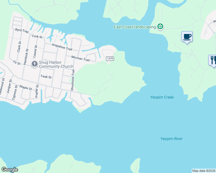 map of restaurants, bars, coffee shops, grocery stores, and more near 1684 Snug Harbor Road in Hertford
