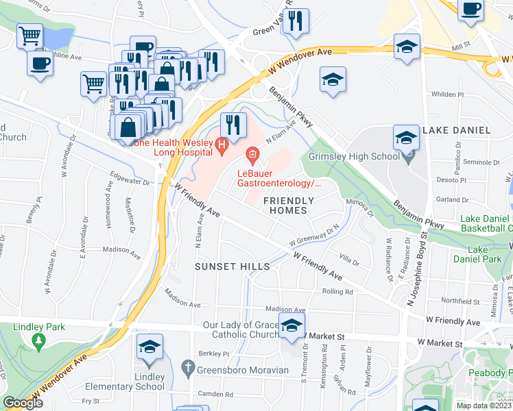 map of restaurants, bars, coffee shops, grocery stores, and more near 601 Candlewood Drive in Greensboro