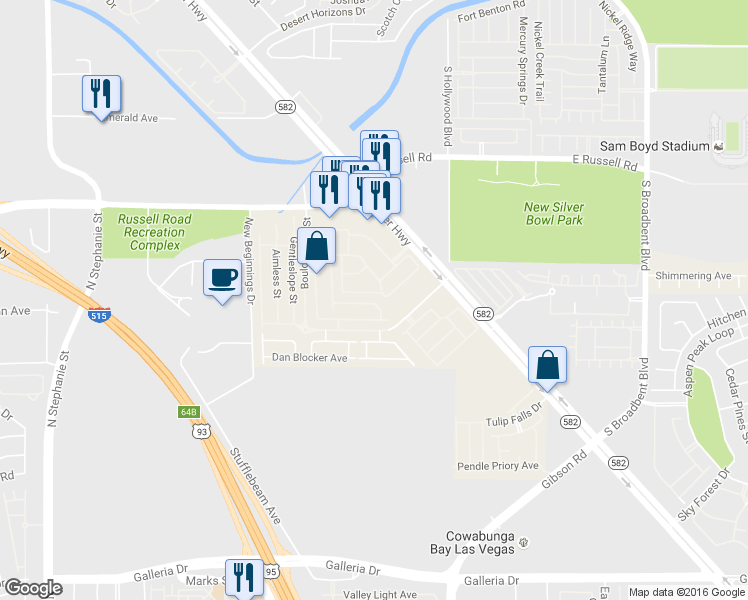map of restaurants, bars, coffee shops, grocery stores, and more near Boulder Falls Street in Henderson