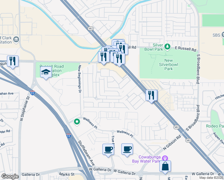 map of restaurants, bars, coffee shops, grocery stores, and more near 5956 High Steed Street in Henderson