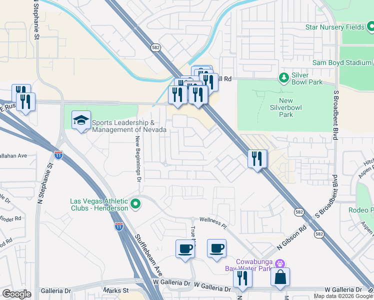 map of restaurants, bars, coffee shops, grocery stores, and more near 5956 High Steed Street in Henderson