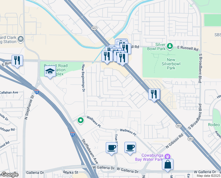 map of restaurants, bars, coffee shops, grocery stores, and more near 5956 High Steed Street in Henderson