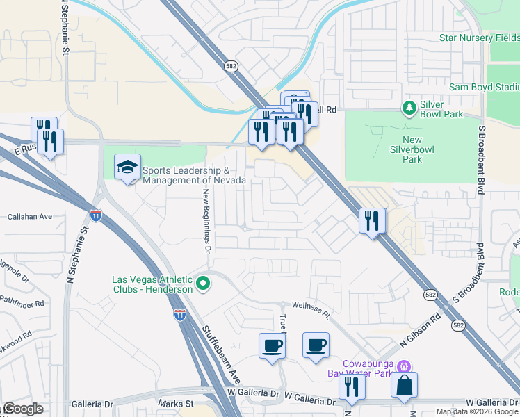 map of restaurants, bars, coffee shops, grocery stores, and more near 5956 High Steed Street in Henderson