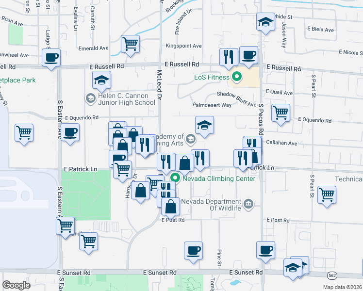 map of restaurants, bars, coffee shops, grocery stores, and more near 3064 East Patrick Lane in Las Vegas