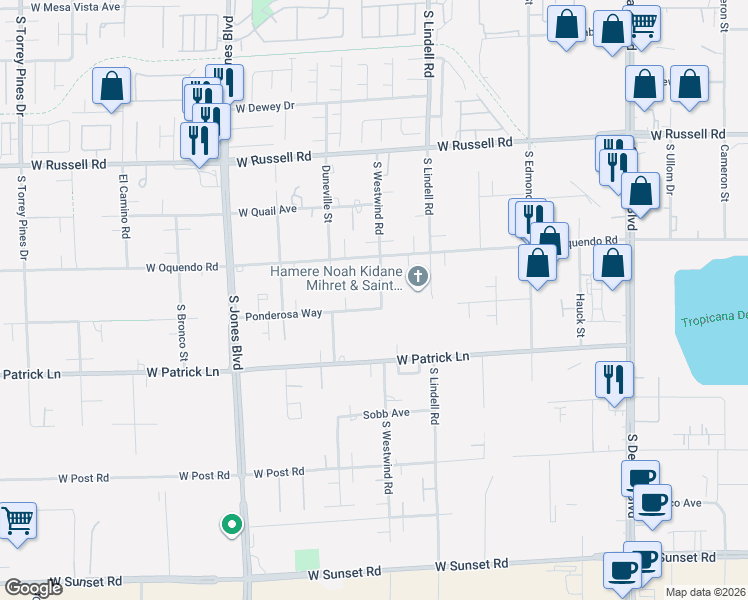 map of restaurants, bars, coffee shops, grocery stores, and more near 5830 Ponderosa Way in Las Vegas
