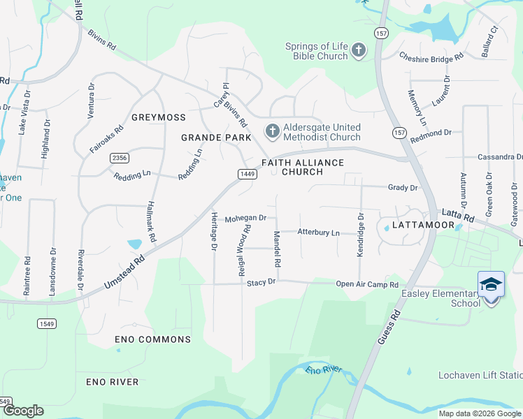 map of restaurants, bars, coffee shops, grocery stores, and more near 5011 Mandel Road in Durham