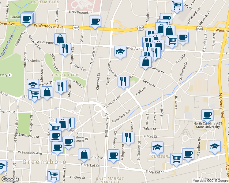 map of restaurants, bars, coffee shops, grocery stores, and more near 607 5th Avenue in Greensboro