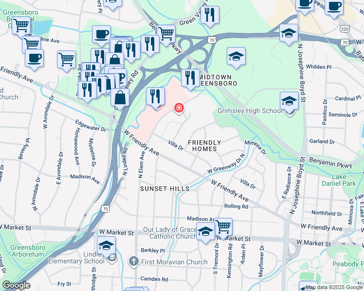 map of restaurants, bars, coffee shops, grocery stores, and more near 601 Candlewood Drive in Greensboro