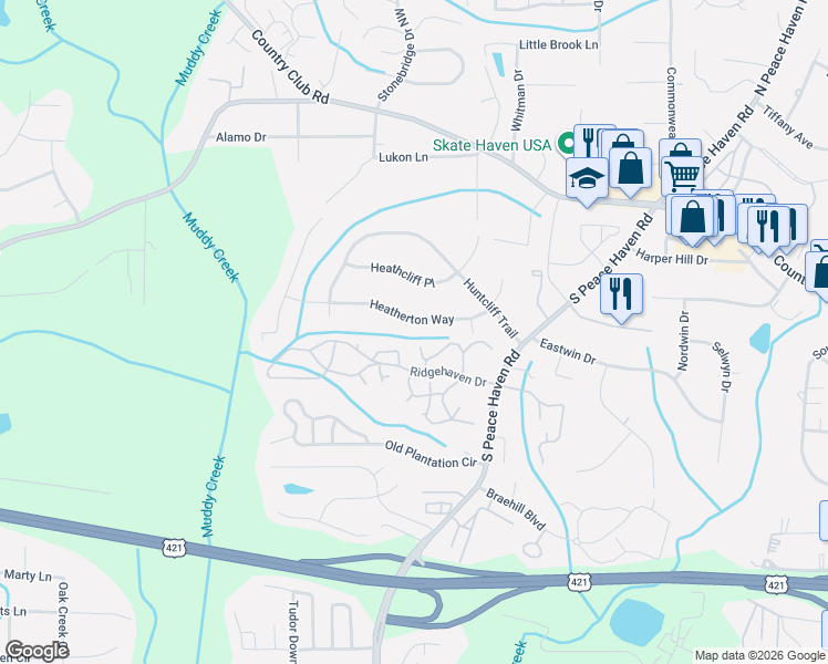 map of restaurants, bars, coffee shops, grocery stores, and more near 237 Heatherton Way in Winston-Salem