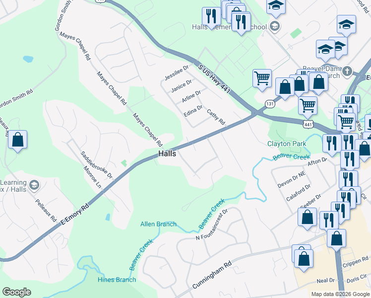 map of restaurants, bars, coffee shops, grocery stores, and more near 3709 Tennessee 131 in Knoxville