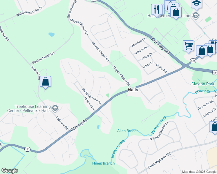 map of restaurants, bars, coffee shops, grocery stores, and more near 7534 Willow Spring Drive in Knoxville