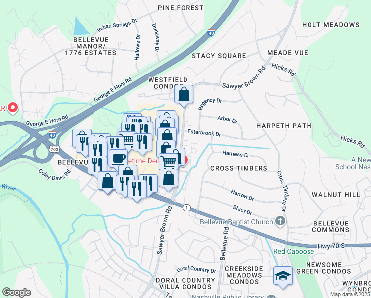 map of restaurants, bars, coffee shops, grocery stores, and more near 8145 Sawyer Brown Road in Nashville