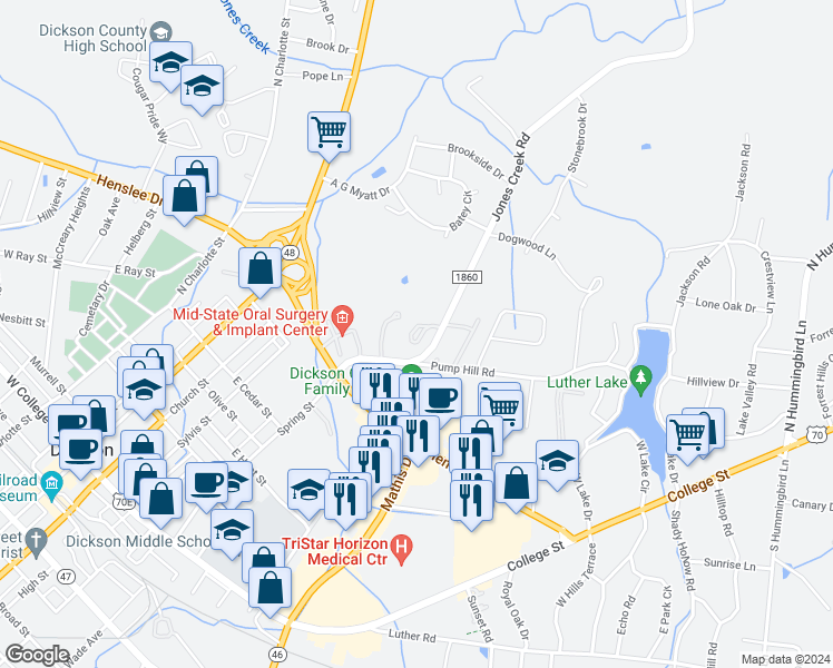 map of restaurants, bars, coffee shops, grocery stores, and more near 105 Jones Creek Road in Dickson