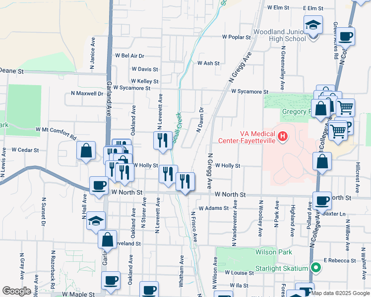 map of restaurants, bars, coffee shops, grocery stores, and more near 1400 North Bernice Drive in Fayetteville