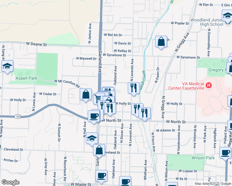 map of restaurants, bars, coffee shops, grocery stores, and more near 1381 Oakland Avenue in Fayetteville