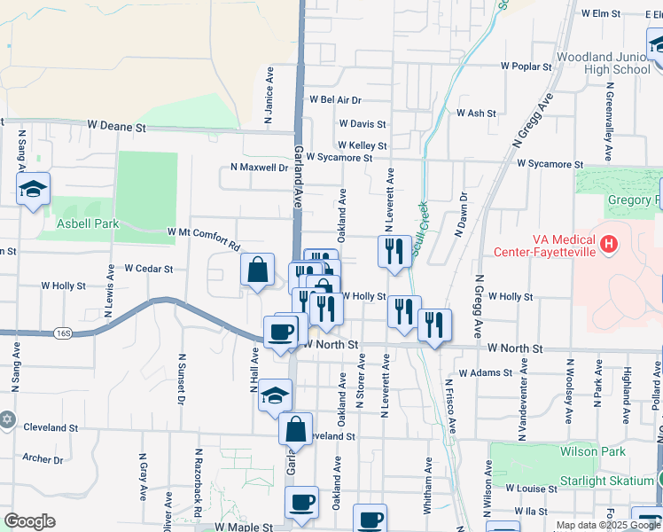 map of restaurants, bars, coffee shops, grocery stores, and more near 1381 Oakland Avenue in Fayetteville