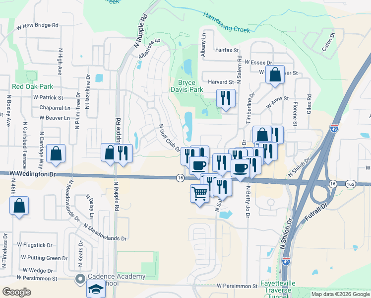 map of restaurants, bars, coffee shops, grocery stores, and more near 3600 West Players Lane in Fayetteville