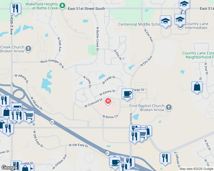 map of restaurants, bars, coffee shops, grocery stores, and more near 924 West Fargo Street North in Broken Arrow