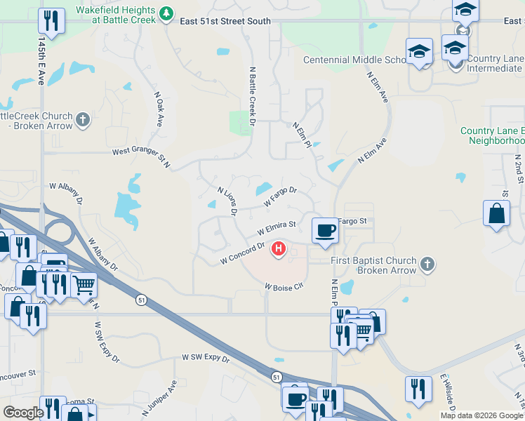 map of restaurants, bars, coffee shops, grocery stores, and more near 1100 West Fargo Drive in Broken Arrow