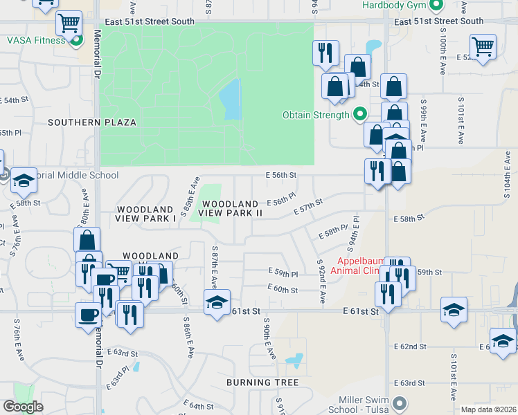 map of restaurants, bars, coffee shops, grocery stores, and more near 5638 South 89th East Avenue in Tulsa