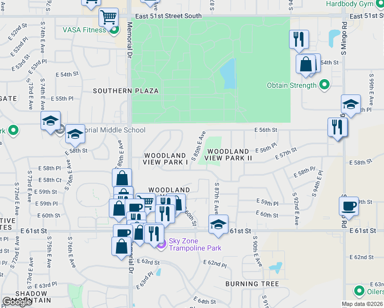 map of restaurants, bars, coffee shops, grocery stores, and more near 5638 South 85th East Avenue in Tulsa