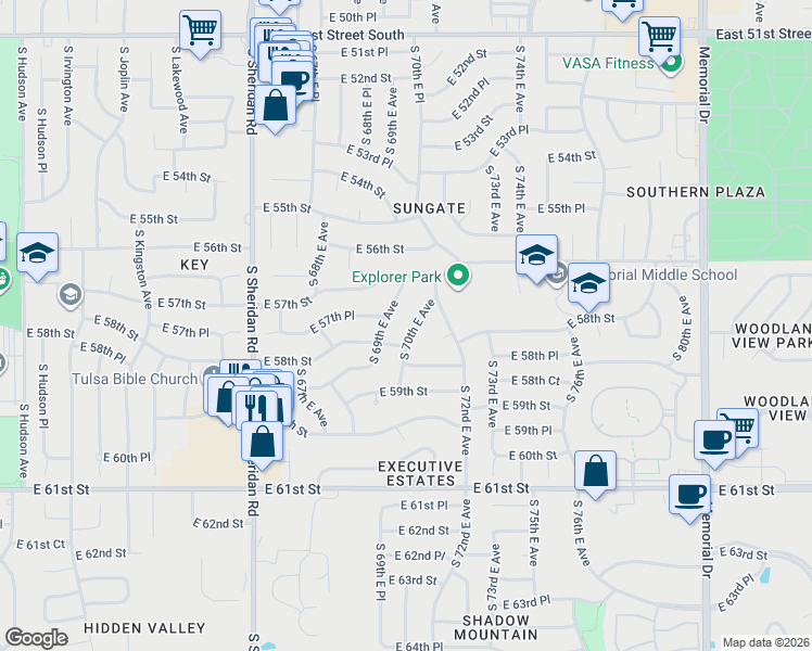 map of restaurants, bars, coffee shops, grocery stores, and more near 5740 South 70th East Avenue in Tulsa