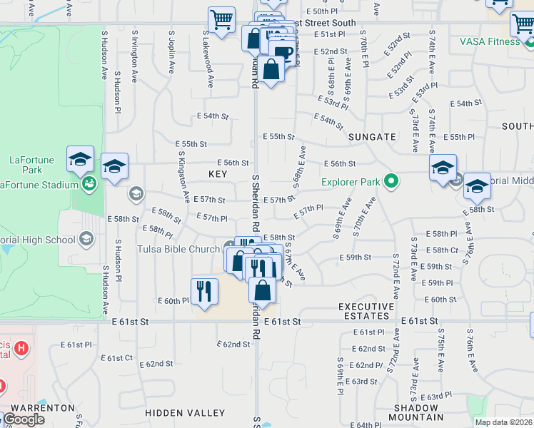 map of restaurants, bars, coffee shops, grocery stores, and more near 6506 East 57th Street in Tulsa