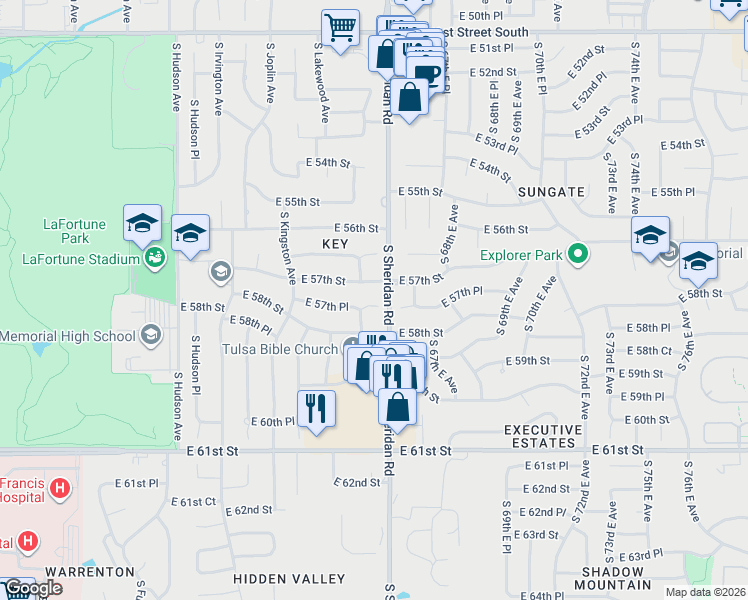 map of restaurants, bars, coffee shops, grocery stores, and more near 6066 East 57th Street in Tulsa