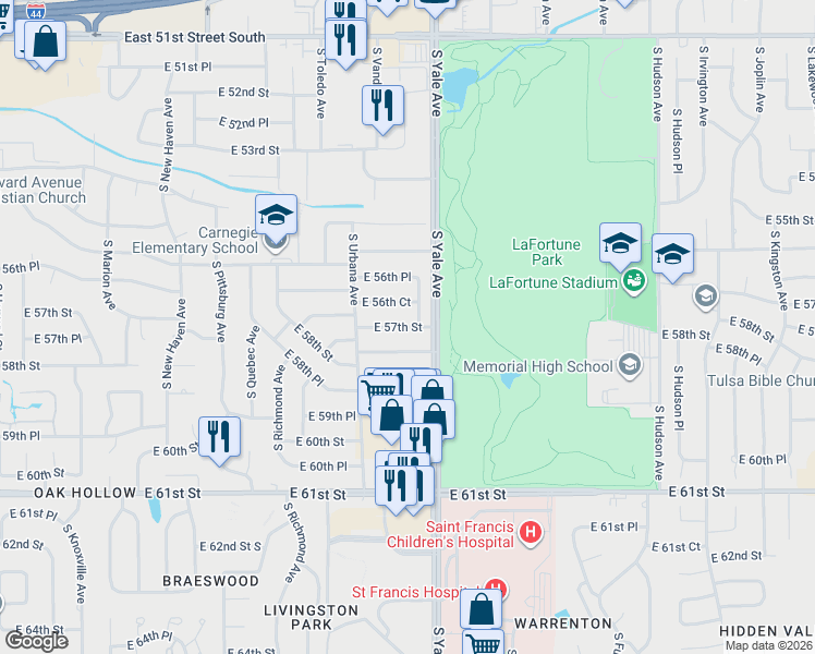 map of restaurants, bars, coffee shops, grocery stores, and more near 4642 East 56th Court in Tulsa