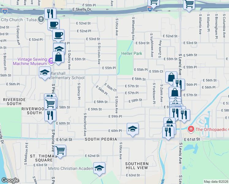 map of restaurants, bars, coffee shops, grocery stores, and more near 1639 East 56th Court in Tulsa