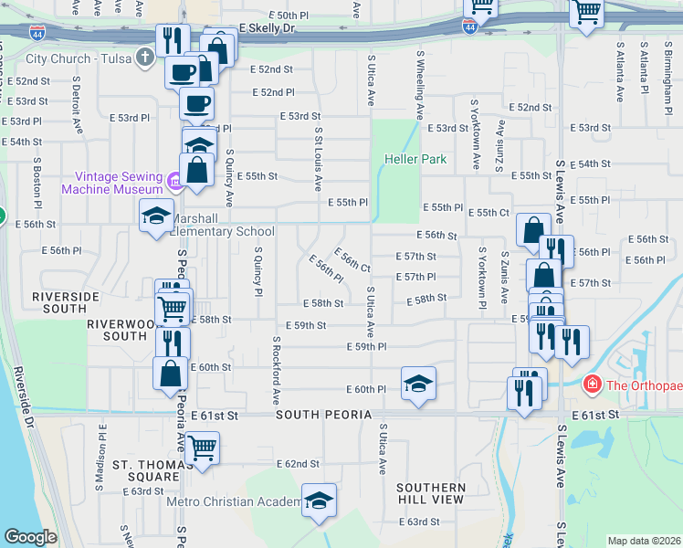 map of restaurants, bars, coffee shops, grocery stores, and more near 1612 East 56th Court in Tulsa
