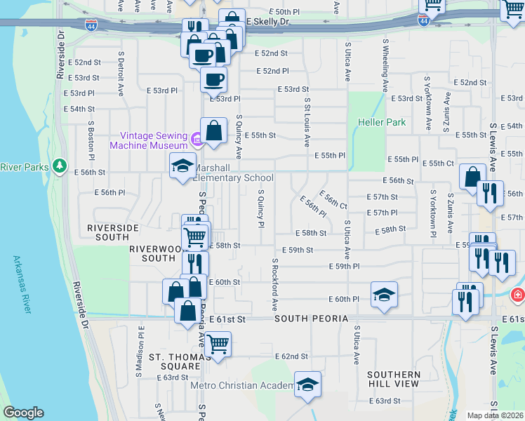 map of restaurants, bars, coffee shops, grocery stores, and more near 5646 South Rockford Avenue in Tulsa