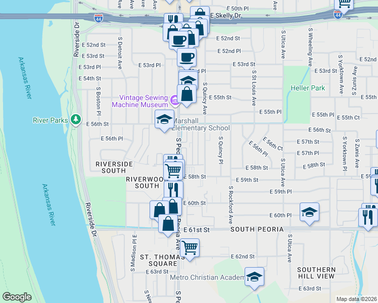 map of restaurants, bars, coffee shops, grocery stores, and more near 5326 South Quaker Avenue in Tulsa