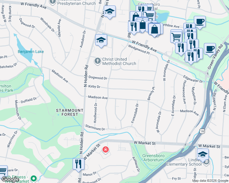 map of restaurants, bars, coffee shops, grocery stores, and more near 3704 Kirby Drive in Greensboro