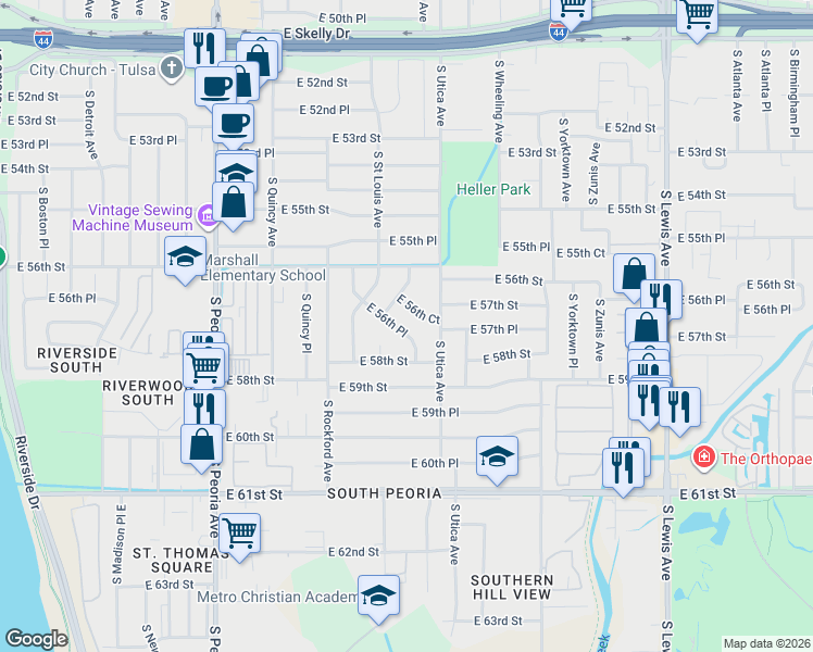 map of restaurants, bars, coffee shops, grocery stores, and more near 1623 East 56th Place in Tulsa