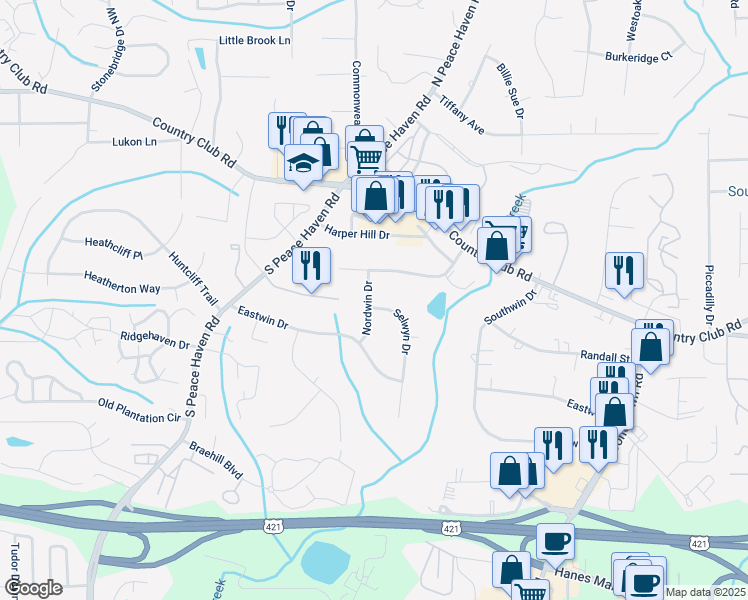 map of restaurants, bars, coffee shops, grocery stores, and more near 211 Nordwin Drive in Winston-Salem