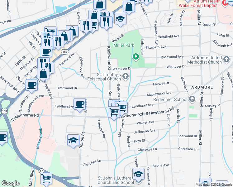 map of restaurants, bars, coffee shops, grocery stores, and more near 831 Bellview Street in Winston-Salem