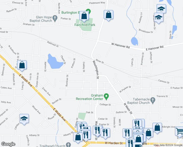 map of restaurants, bars, coffee shops, grocery stores, and more near 411 Providence Road in Graham
