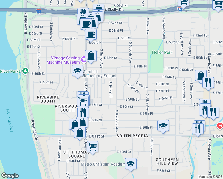 map of restaurants, bars, coffee shops, grocery stores, and more near 5646 South Rockford Avenue in Tulsa