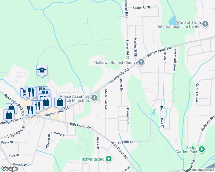 map of restaurants, bars, coffee shops, grocery stores, and more near 3336 Kernersville Road in Winston-Salem
