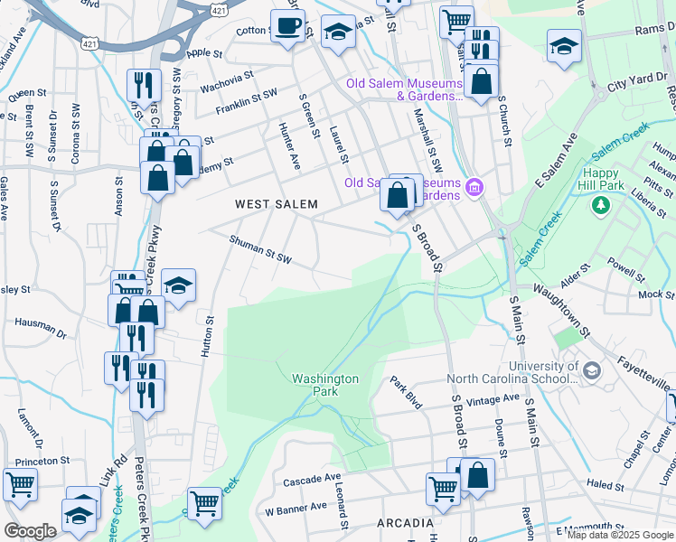 map of restaurants, bars, coffee shops, grocery stores, and more near 909 Shuman Street Southwest in Winston-Salem